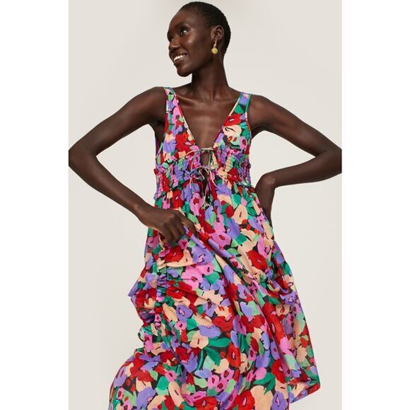 Nicholas Myla Multicolor Floral Print Silk Blend Tie V-Neck Maxi Dress Sz US 12 - Picture 4 of 12